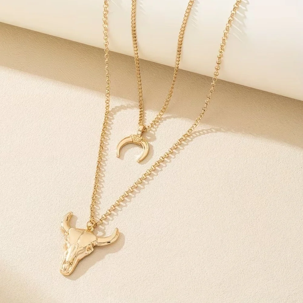 NEW Ethnic Gold Bull and Crescent Necklace. Vintage Cow Skull Pendant Necklace 🐂
